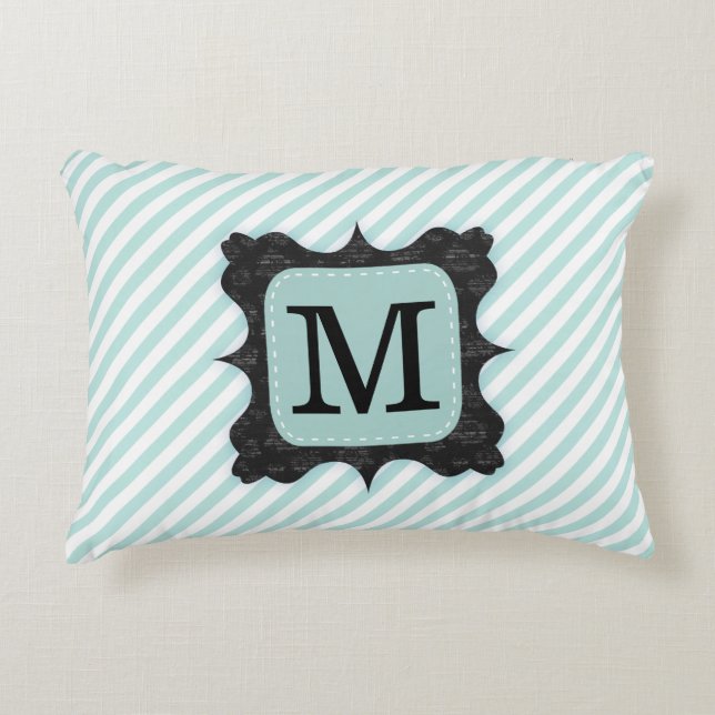  Mint Green Stripes Pattern Zwart Monogram Accent Kussen (Voorkant)