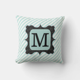 Mint Green Stripes Pattern Zwart Monogram Kussen