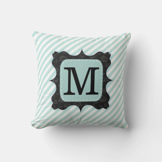  Mint Green Stripes Pattern Zwart Monogram Kussen (Voorkant)