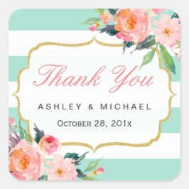 Mint Green Stripes Waterverf Floral Hartelijk dank Vierkante Sticker