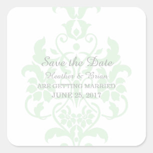 Mint Green Subtle Damask Save the Date Stickers