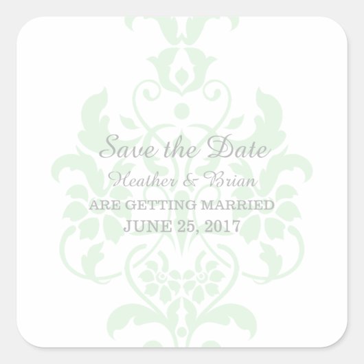 Mint Green Subtle Damask Save the Date Stickers (Voorkant)