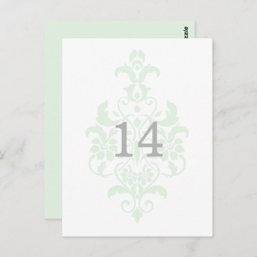 Mint Green Subtle Damask Table Number Briefkaart (Voorkant / Achterkant)
