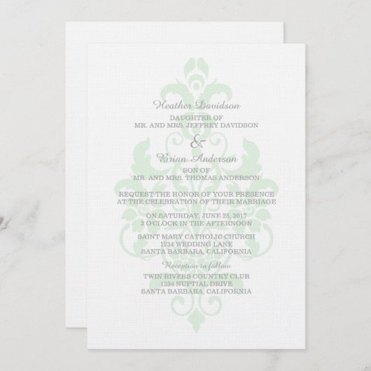 Mint Green Subtle Damask Wedding Invite Kaart (Voorkant / Achterkant)