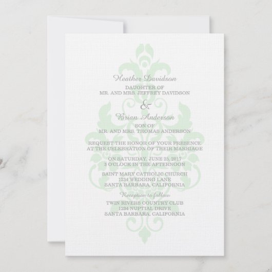 Mint Green Subtle Damask Wedding Invite Kaart (Voorkant)