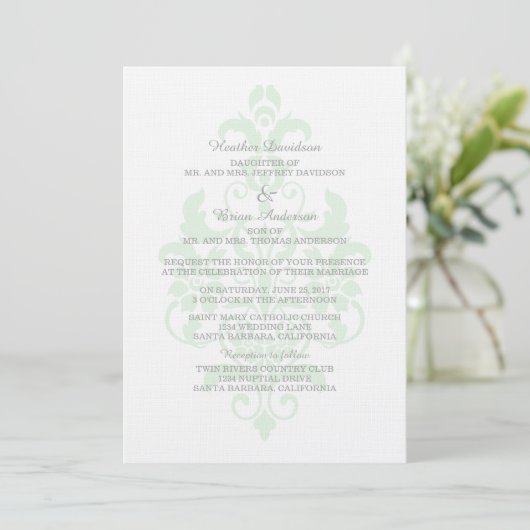 Mint Green Subtle Damask Wedding Invite Kaart (Staand voorkant)