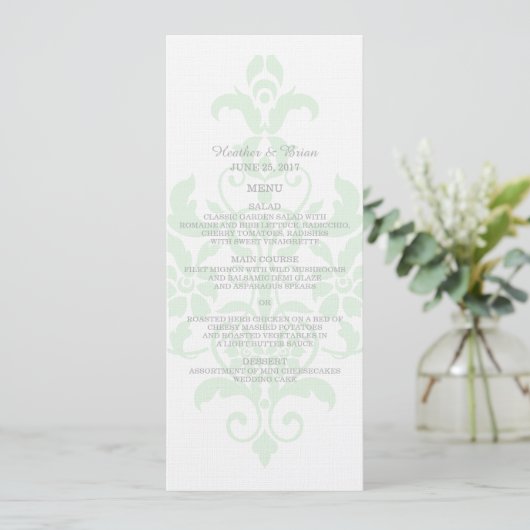 Mint Green Subtle Damask Wedding Menu (Staand voorkant)