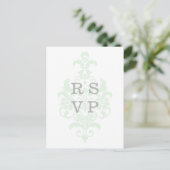 Mint Green Subtle Damask Wedding RSVP Briefkaart (Staand voorkant)