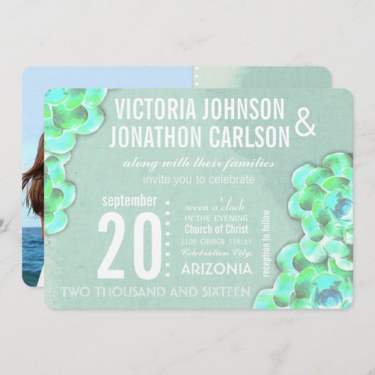Mint Green Succulent Moderne bruiloft Kaart (Voorkant / Achterkant)