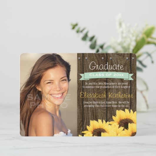 Mint Green Sunflower Afstuderen Aankondiging (Staand voorkant)