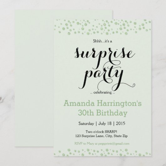 Mint Green Surprise Party Uitnodiging - Adult (Voorkant / Achterkant)