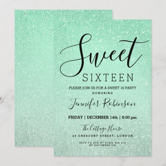 Mint Green Sweet 16 Birthday Glitter Look Paint Kaart (Voorkant / Achterkant)