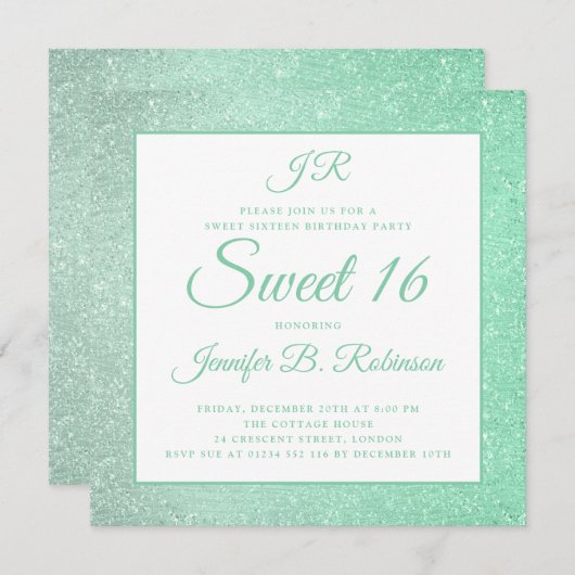 Mint Green Sweet 16 Birthday Monogram Glitter Kaart (Voorkant / Achterkant)