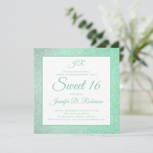 Mint Green Sweet 16 Birthday Monogram Glitter Kaart (Staand voorkant)