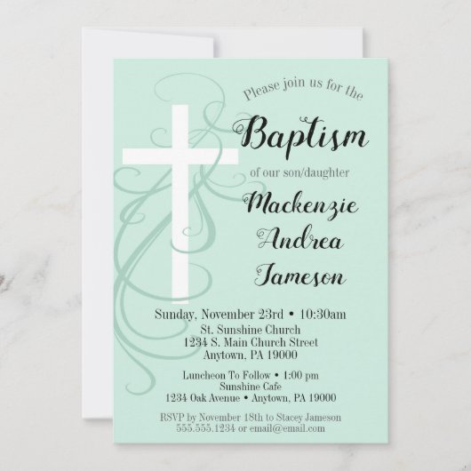 Mint Green Swirl Cross Baptism Invitation Girl Boy Kaart (Voorkant)