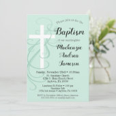 Mint Green Swirl Cross Baptism Invitation Girl Boy Kaart (Staand voorkant)