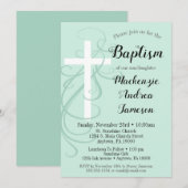 Mint Green Swirl Cross Baptism Invitation Girl Boy Kaart (Voorkant / Achterkant)