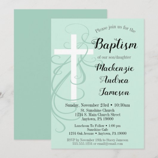 Mint Green Swirl Cross Baptism Invitation Girl Boy Kaart (Voorkant / Achterkant)