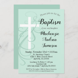 Mint Green Swirl Cross Baptism Invitation Girl Boy Kaart
