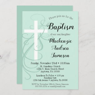 Mint Green Swirl Cross Baptism Invitation Girl Boy Kaart