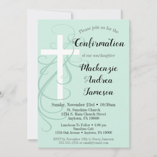 Mint Green Swirl Cross Bevestiging Uitnodiging (Voorkant)