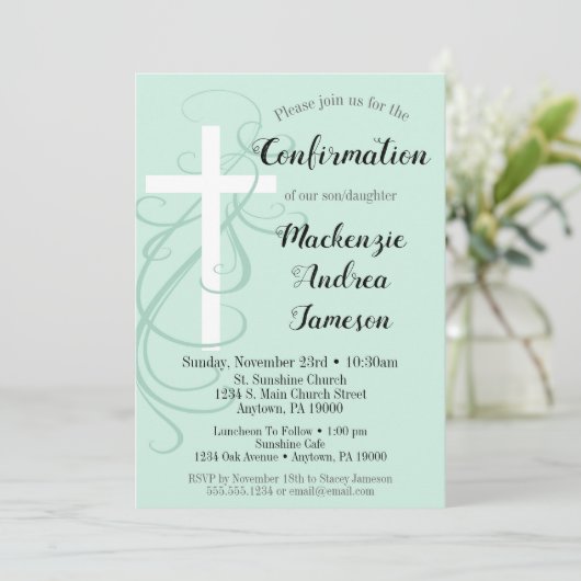 Mint Green Swirl Cross Bevestiging Uitnodiging (Staand voorkant)