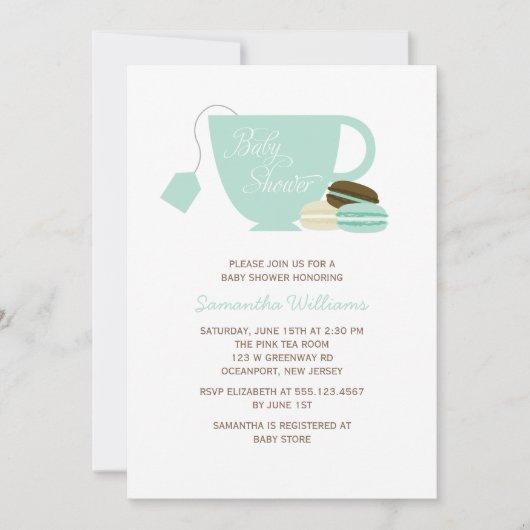 Mint Green Tea Cup en Macarons Baby shower Kaart (Voorkant)
