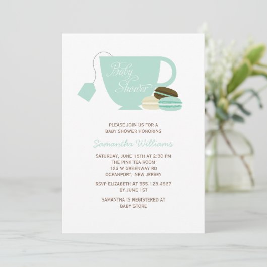 Mint Green Tea Cup en Macarons Baby shower Kaart (Staand voorkant)
