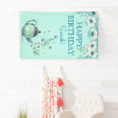 Mint Green Theepot Waterverf Flowers Aqua Blauwgro Spandoek (Insitu)