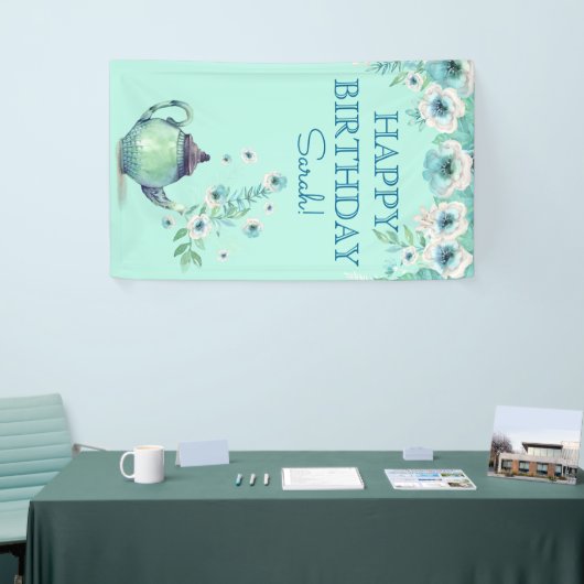 Mint Green Theepot Waterverf Flowers Aqua Blauwgro Spandoek (Beurs)