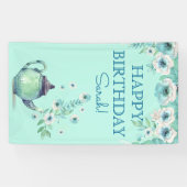 Mint Green Theepot Waterverf Flowers Aqua Blauwgro Spandoek (Horizontaal)