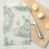 Mint Green Toile Floral and Bird Pattern Theedoek (Quarter Fold)
