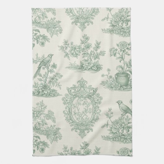 Mint Green Toile Floral and Bird Pattern Theedoek (Verticaal)
