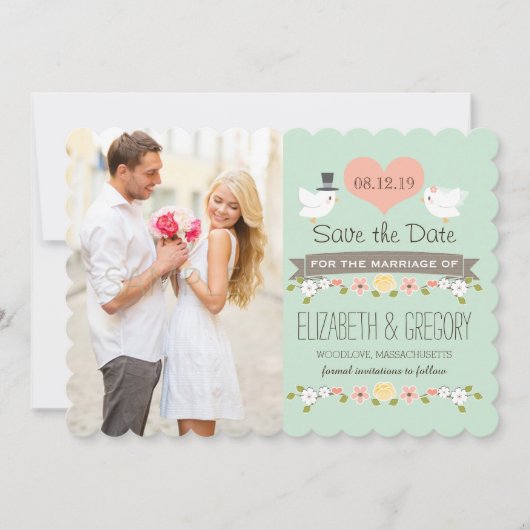 Mint Green Tortelduifjes Wedding Save the Date Kaa (Voorkant)
