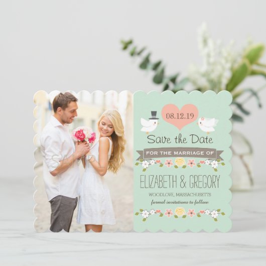 Mint Green Tortelduifjes Wedding Save the Date Kaa (Staand voorkant)