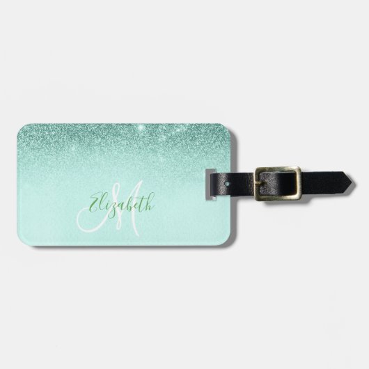 Mint Green Trendy Ombre Glitter Monogram Luggage Bagagelabel (Voorkant horizontaal)