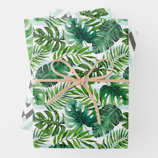 Mint Green Tropical Leaves en Geometric Pattern Inpakpapier Vel (In situ)