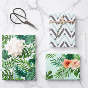 Mint Green Tropical Leaves en Geometric Pattern Inpakpapier Vel