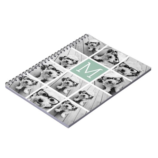 Mint Green Unique Photo Collage Custom Monogram Notitieboek (Linkerzijde)