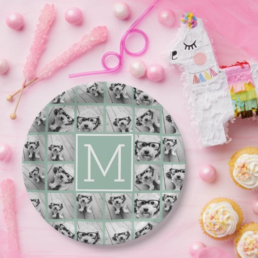 Mint Green Unique Photo Collage Custom Monogram Papieren Bordje (Feest)