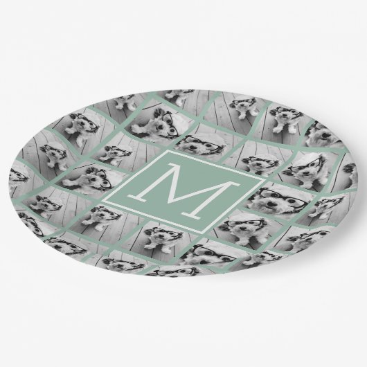 Mint Green Unique Photo Collage Custom Monogram Papieren Bordje (Gekanteld)