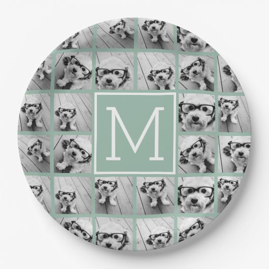 Mint Green Unique Photo Collage Custom Monogram Papieren Bordje (Voorkant)