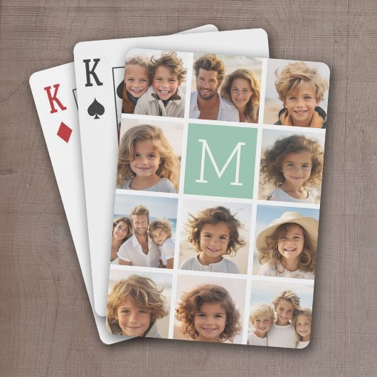 Mint Green Unique Photo Collage Custom Monogram Pokerkaarten
