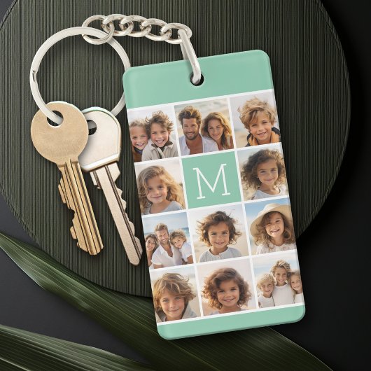 Mint Green Unique Photo Collage Custom Monogram Sleutelhanger