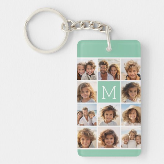 Mint Green Unique Photo Collage Custom Monogram Sleutelhanger (Voorkant)