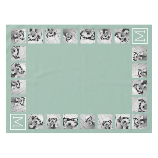 Mint Green Unique Photo Collage Custom Monogram Tafelkleed (Voorkant (Horizontaal))