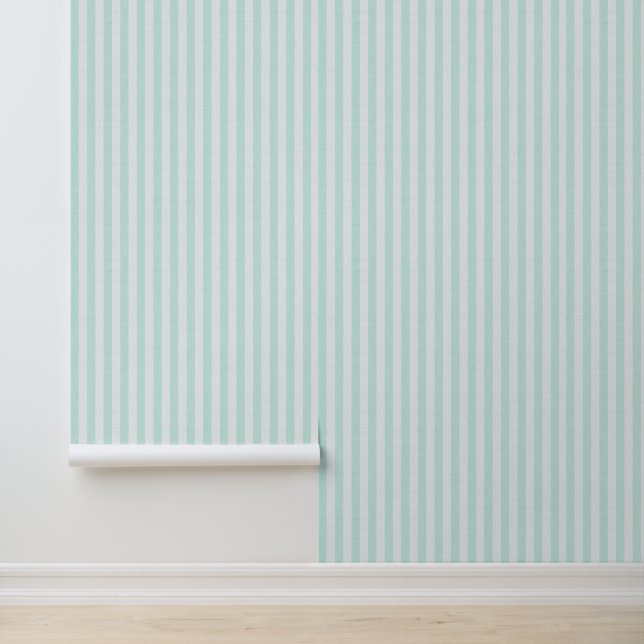Mint Green Vertical Stripes Linen Texture Coastal Behang (Applicatie)
