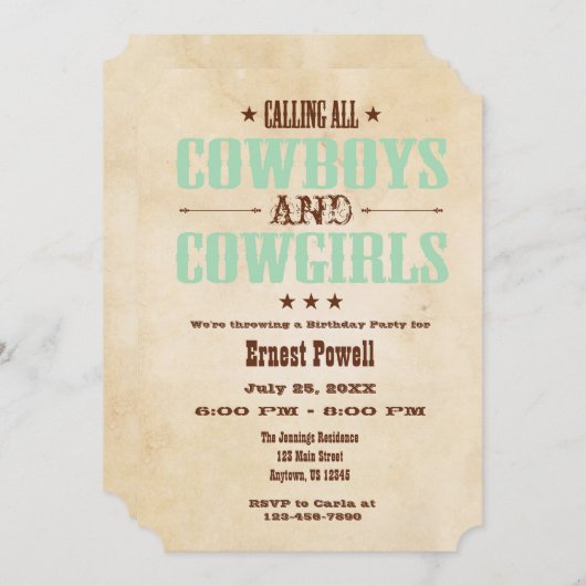 Mint Green Vintage Cowboy Birthday Uitnodiging (Voorkant / Achterkant)