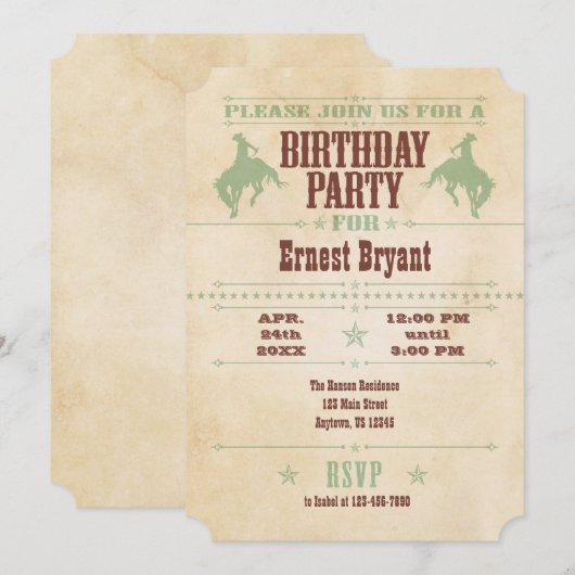 Mint Green Vintage Cowboy Birthday Uitnodiging (Voorkant / Achterkant)