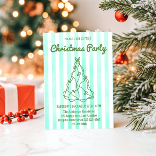 Mint Green Watercolor Stripe Christmas Party       Kaart